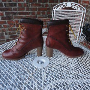 TIMBERLAND Tillston Brown Chunky High Heel Leather Lace Up Ankle Boots Size 10M